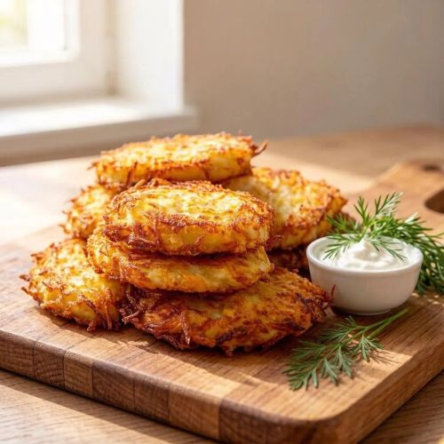 Золотистые драники с чесночным соусом и зеленью