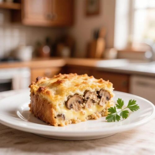 Запеканка из гречки, грибов и сыра с яичной заливкой