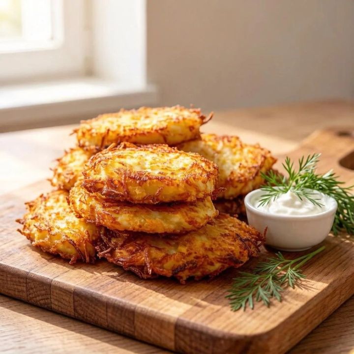 Золотистые драники с чесночным соусом и зеленью